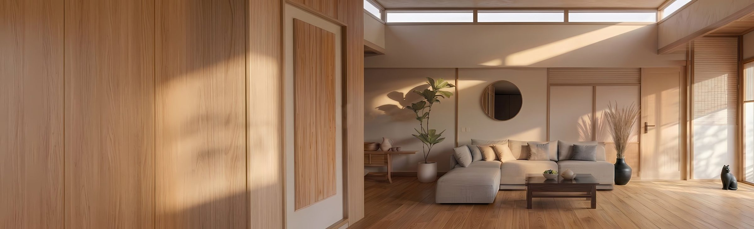 Séjour lumineux tout en bois clair, inspiration japonaise